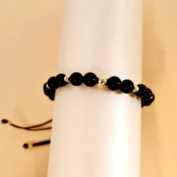 Féldrágakövekből készült karkötő - Onyx 2 x 2 1 5 mm-es golyóval és 10 3 mm-es golyóval 14K aranyból - Tartós és állítható fekete zsinór