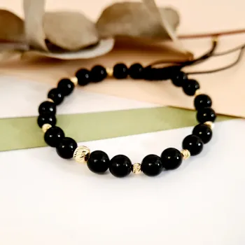 Féldrágakövekből készült karkötő - Onyx 2 x 2 1 5 mm-es golyóval és 10 3 mm-es golyóval 14K aranyból - Tartós és állítható fekete zsinór