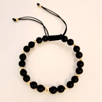 Féldrágakövekből készült karkötő - Onyx 2 x 2 1 5 mm-es golyóval és 10 3 mm-es golyóval 14K aranyból - Tartós és állítható fekete zsinór