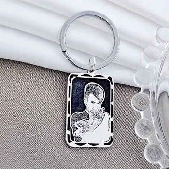 Kulcstartó Gravírozott Fénykép - Berámázott Pillanat - 925 Sterling Ezüst - Dombormű Gravírozás - Rozsdamentes Acél Karika