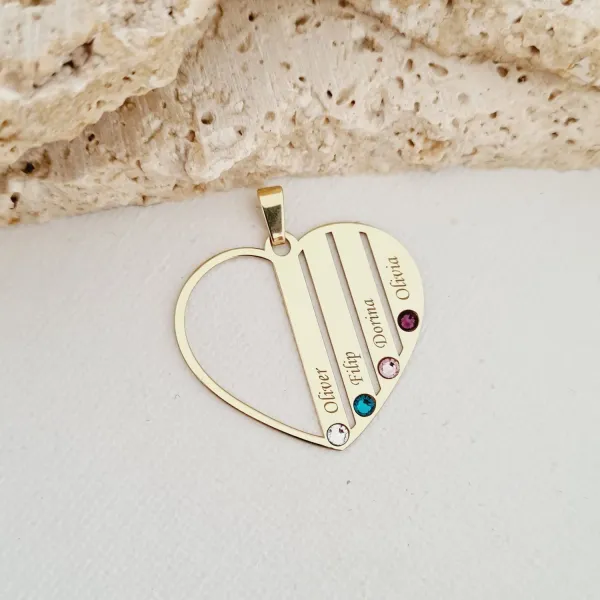 Családi Szív Medál - 4 Név - 9K Sárga Arany Swarovski Kristály
