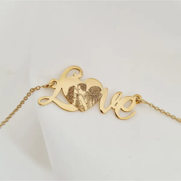 Fényképes Nyaklánc - LOVE Medál - 18K Sárga Aranyozott 925 Sterling Ezüst - Körkapocs