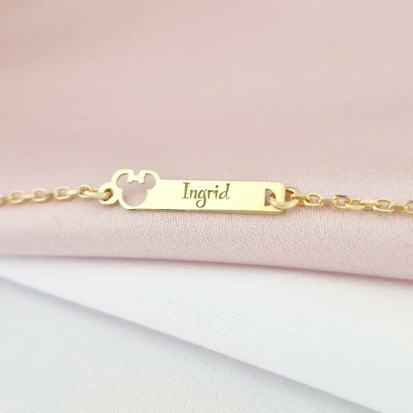 Gravírozható Lemez Karkötő - Kivágott Kisegér – 18K Arannyal Bevont 925 Ezüst – Lánccal (fiú/lány)