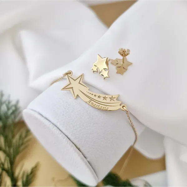 Ünnepi Szett - Csillagtűz - Csillag Fülbevaló és Hullócsillag Nyaklánc - 18K Sárga Aranyozott 925 Sterling Ezüst