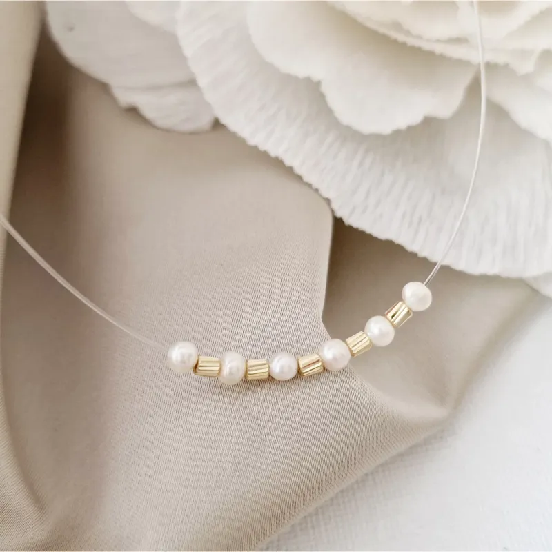 Choker Nyaklánc Gyöngyökkel - Ragyogás - 14K Sárga Arany Henger és Gyöngy