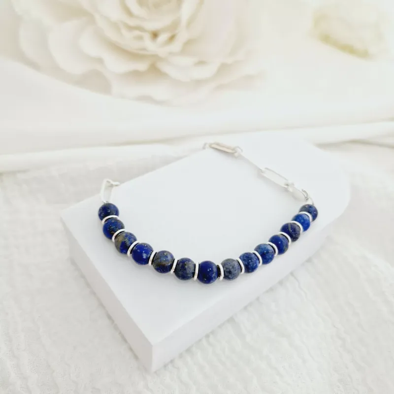 ÉLETERŐ Karkötő - MINDENEM -3 darab Sterling Ezüst lemez - Lapis Lazuli ásvány gyöngyökkel - fix karabíner kapocs