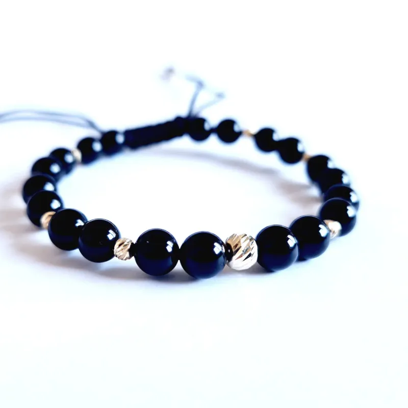 Féldrágakövekből készült karkötő - Onyx 2 x 2 1 5 mm-es golyóval és 10 3 mm-es golyóval 14K aranyból - Tartós és állítható fekete zsinór