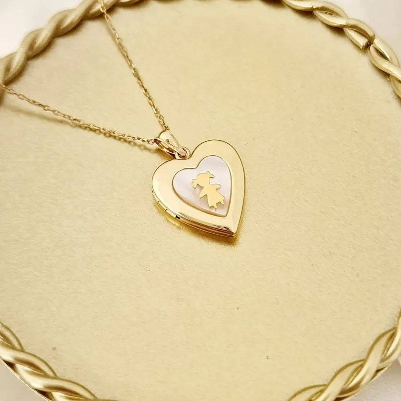 Fényképes Szív Nyaklánc - Girl & Mother of Pearl - Ezüst 925 18K Sárga Arany bevonattal