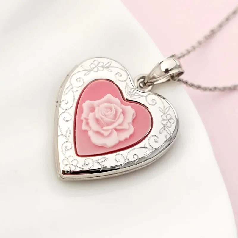 Fényképes Szív Nyaklánc - Pink Rose -  Ezüst 925 Ródium bevonattal