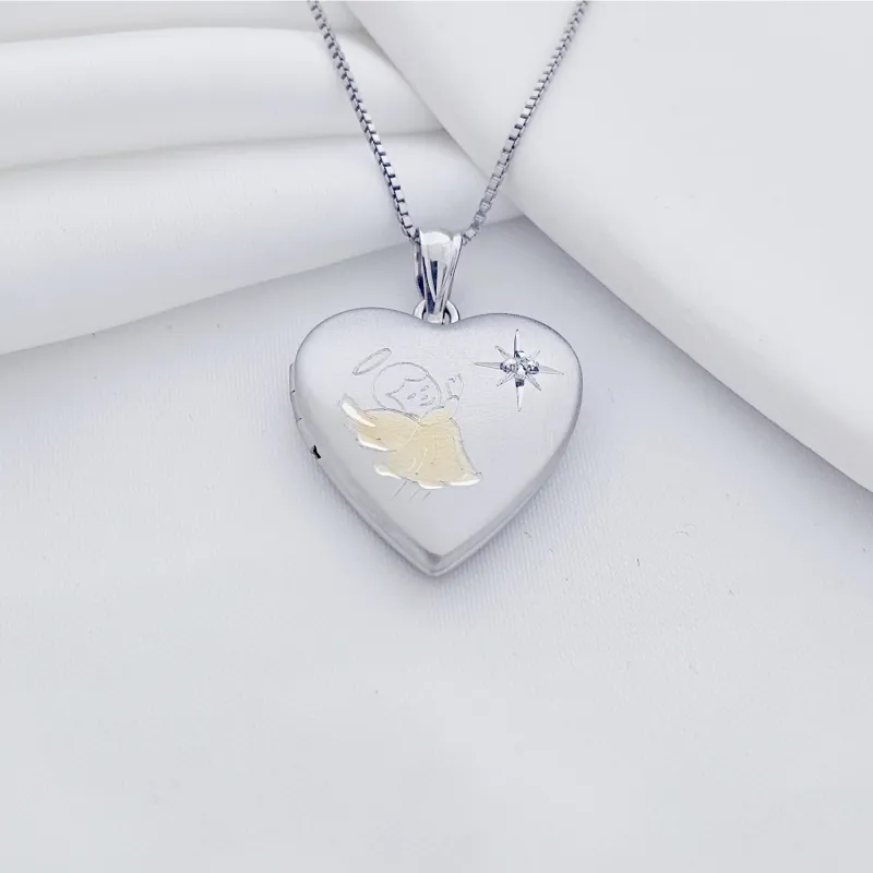 Fényképes Szív Nyaklánc - Praying Angel - Ezüst 925 - Ródium  és 18K Sárga Arany Bevonattal - Fehér Cirkónia