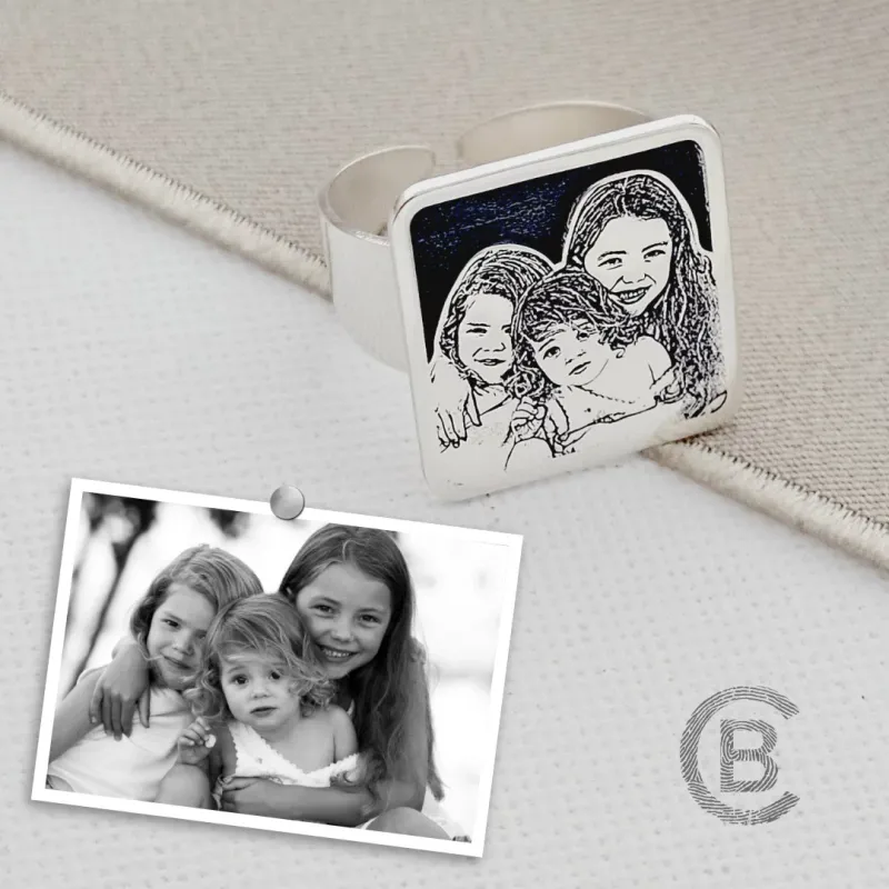 Gyűrű Gravírozott Fénykép - Négyzet Forma - 925 Sterling Ezüst - Dombormű Gravírozás