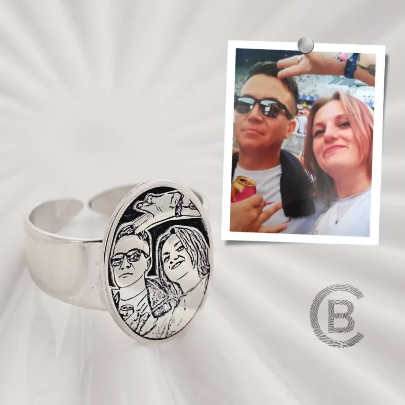 Gyűrű Gravírozott Fénykép - Ovális Forma - 925 Sterling Ezüst - Dombormű Gravírozás
