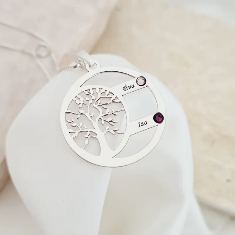 Harmónia Életfa Nyaklánc  - 2 Név - 925 Sterling Ezüst  Swarovski Kristály - Körkapocs
