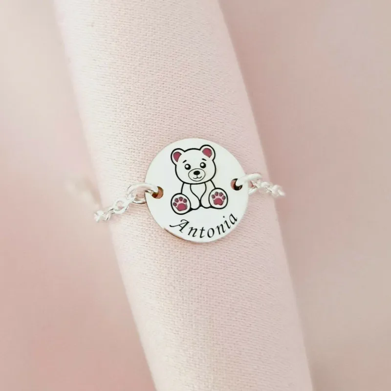 Mackó Érme Karkötő – 925 Sterling Ezüst - Rózsaszín Tűzzománc & Gravírozott Név - Lánc Fiú/Lány