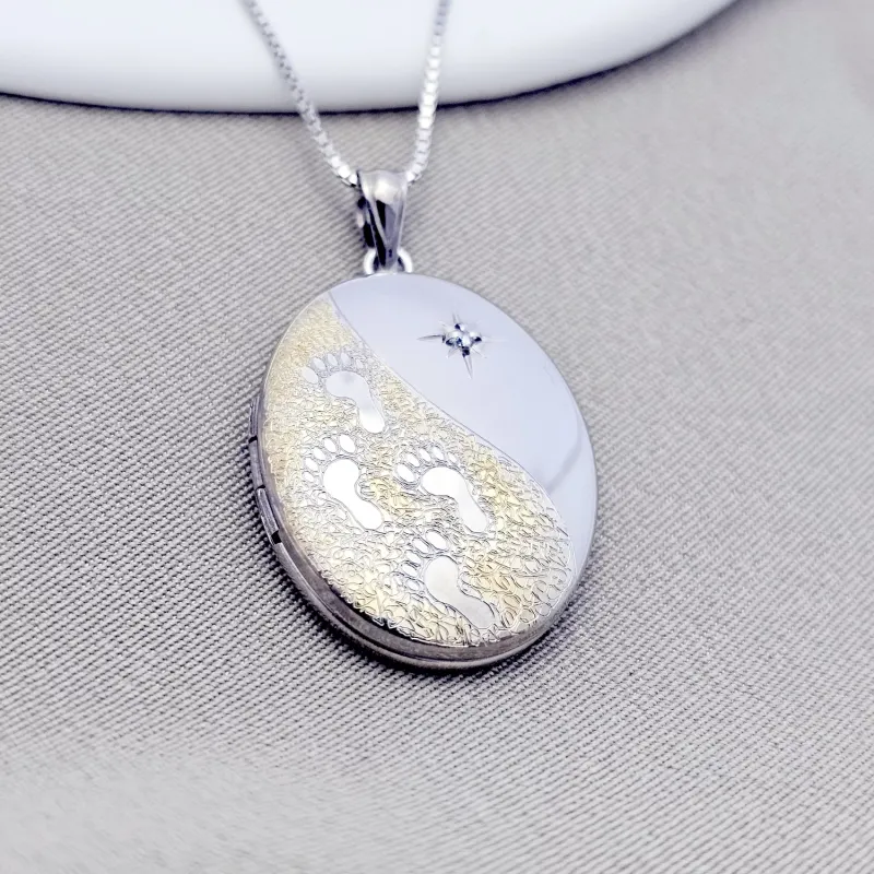 Ovális Fényképes Nyaklánc - Little Footsteps - Ezüst 925 - Ródium és 18 K Sárga Arany bevonattal- Fehér Cirkónia