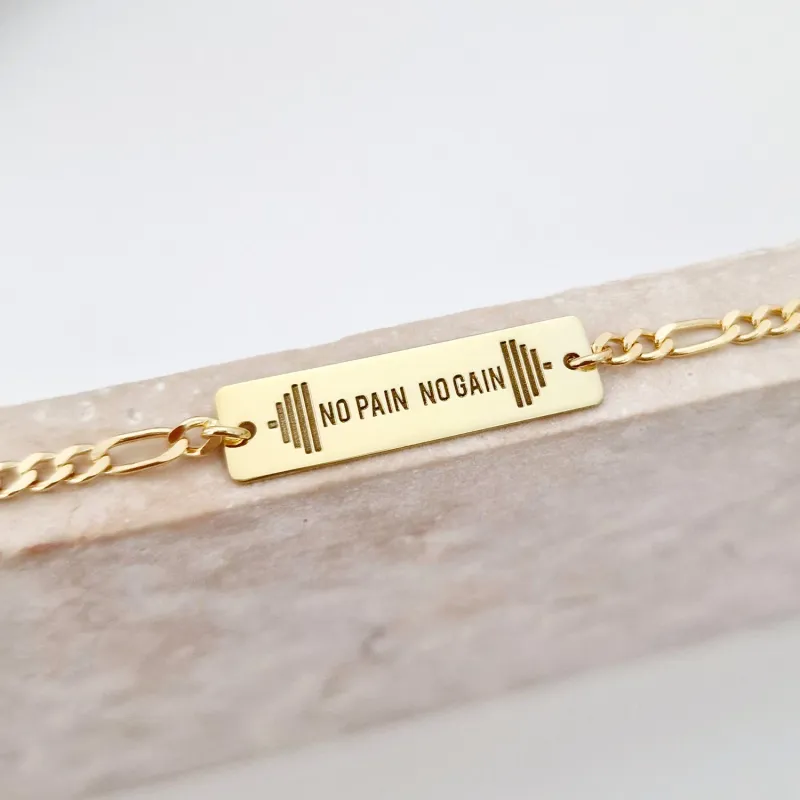 Személyre Szabható  Karkötő  –  No pain, no gain - 18K Sárga Aranyozott 925 Sterling Ezüst – Férfi Lánccal
