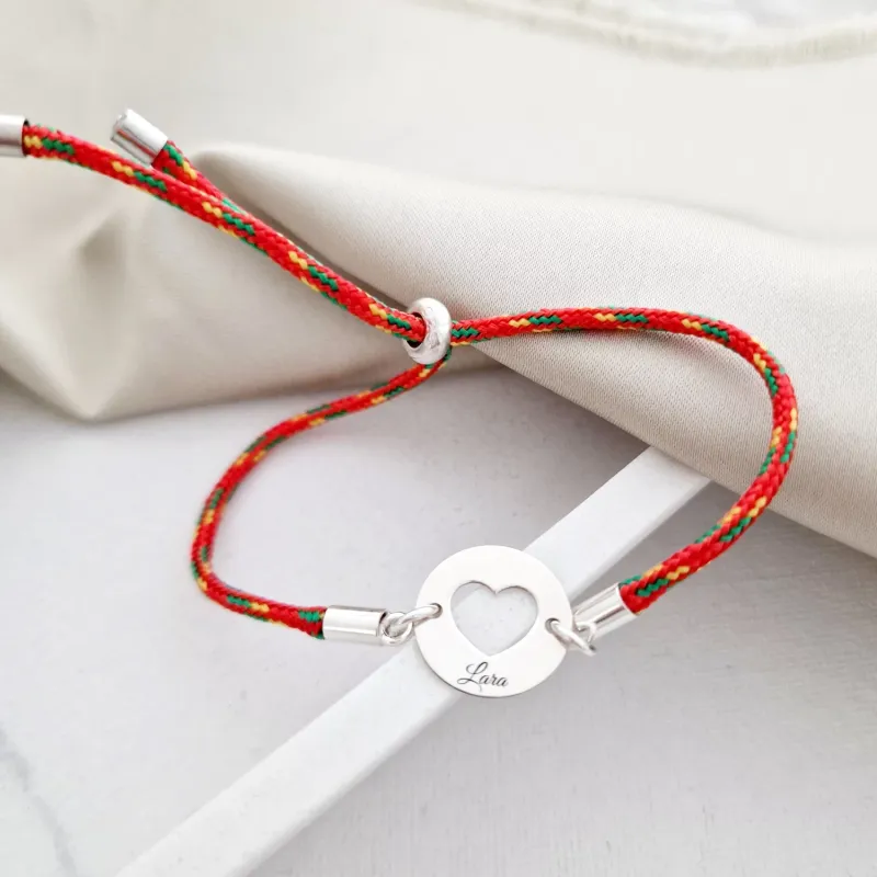 Személyre szabott karkötő - 15 mm érme kivágott szívvel - 925 ezüst - 2 mm-es paracord zsinór, színes és állítható