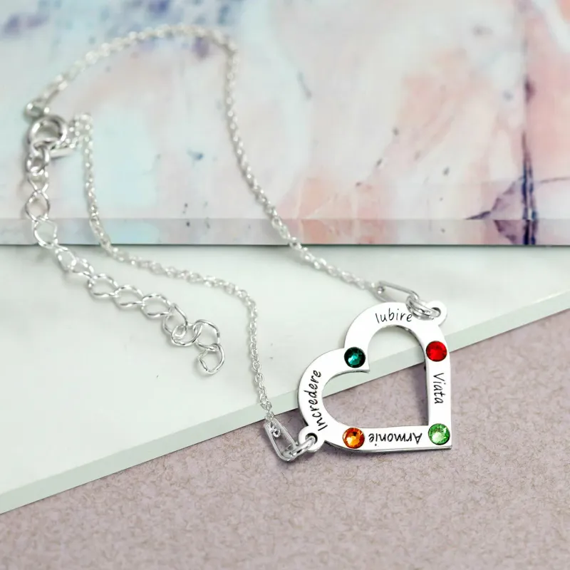 Személyre szabott karkötő - Korlátlan szerelem - Szív 4 gravírozott névvel és Swarovski kristályokkal - Ezüst 925, lánccal