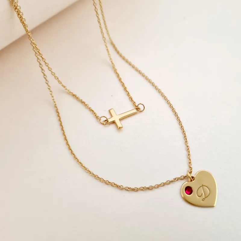 Ezüst Szív és Kereszt Kétsoros Nyaklánc Swarovski kristállyal és 18K sárga arany bevonattal