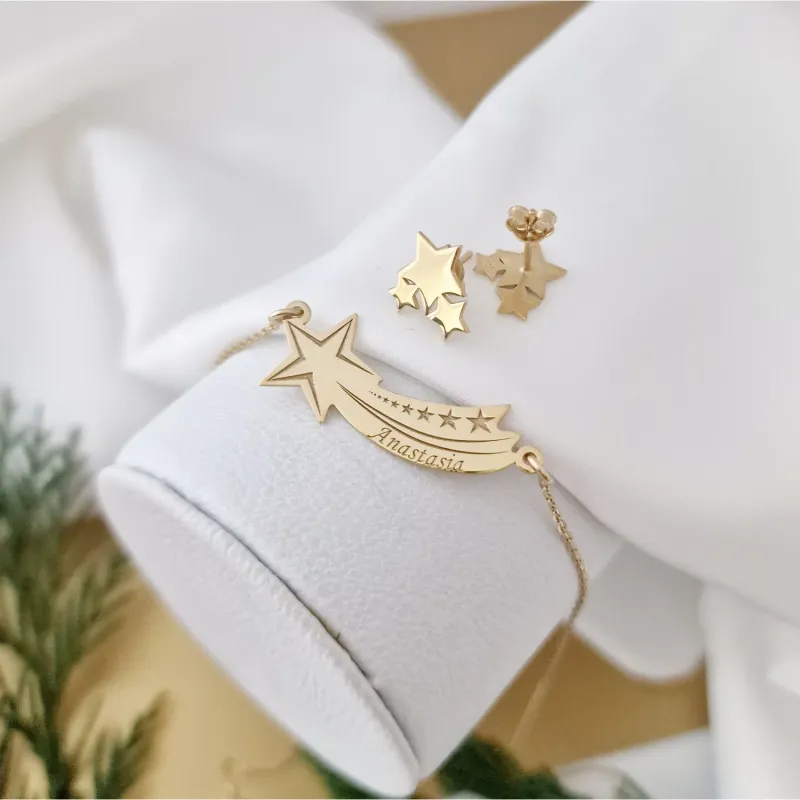 Ünnepi Szett - Csillagtűz - Csillag Fülbevaló és Hullócsillag Nyaklánc - 18K Sárga Aranyozott 925 Sterling Ezüst