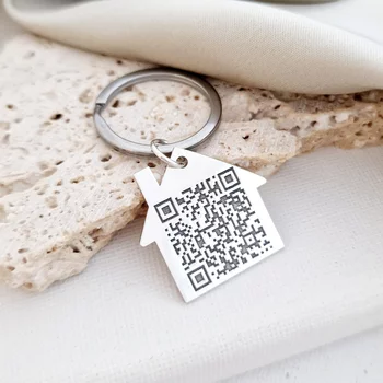 QR Kódos Kulcstartó - 925 Sterling Ezüst Házikó - Rozsdamentes Acél Karika