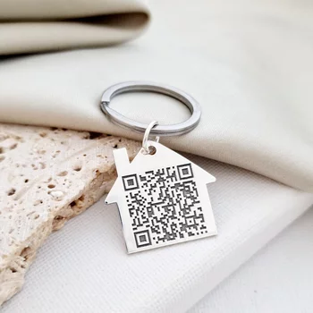 QR Kódos Kulcstartó - 925 Sterling Ezüst Házikó - Rozsdamentes Acél Karika