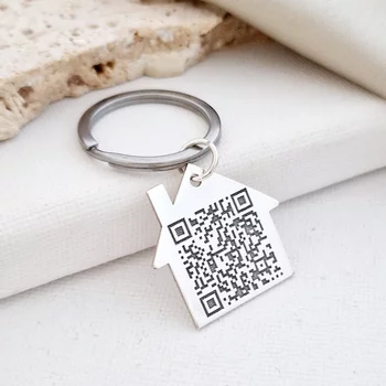 QR Kódos Kulcstartó - 925 Sterling Ezüst Házikó - Rozsdamentes Acél Karika