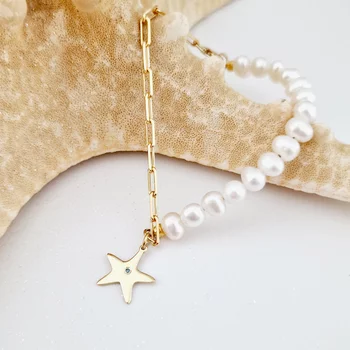 Stella Marina – Igazgyöngy és Lánc Kombinált Karkötő Természetes Gyémánttal – 925 Ezüst, 18K Arannyal Bevonva