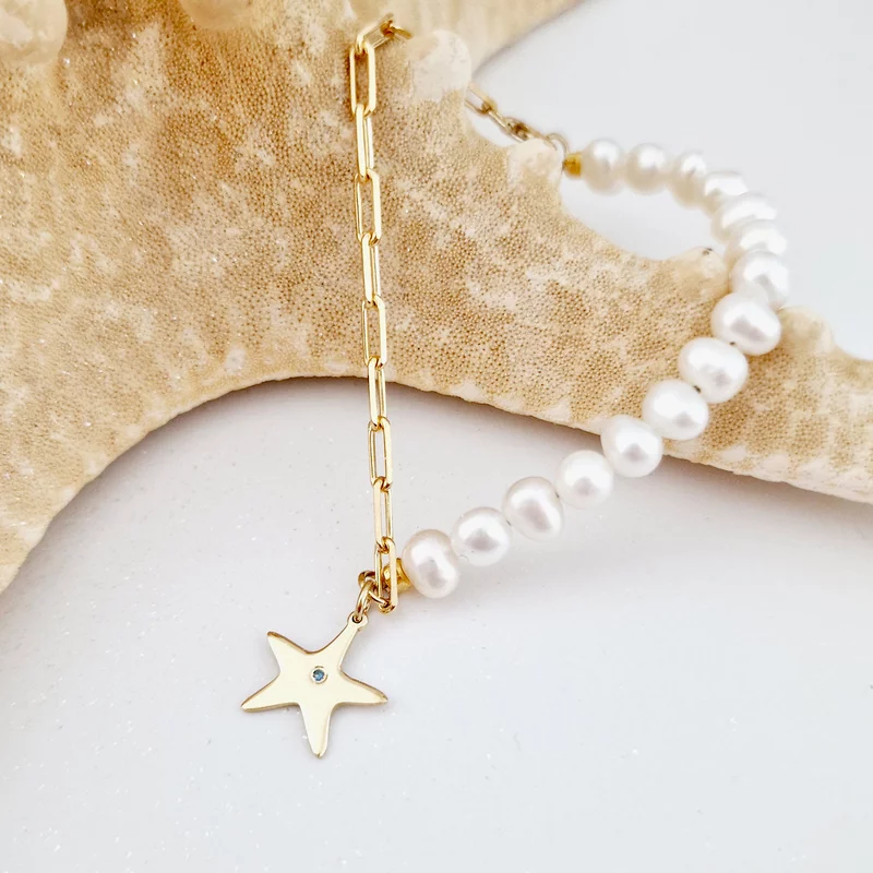 Stella Marina – Igazgyöngy és Lánc Kombinált Karkötő Természetes Gyémánttal – 925 Ezüst, 18K Arannyal Bevonva