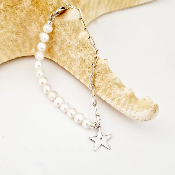 Stella Marina – Igazgyöngy és Lánc Kombinált Karkötő Természetes Gyémánttal – Ródiumozott 925 Ezüst