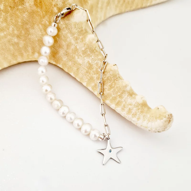 Stella Marina – Igazgyöngy és Lánc Kombinált Karkötő Természetes Gyémánttal – Ródiumozott 925 Ezüst