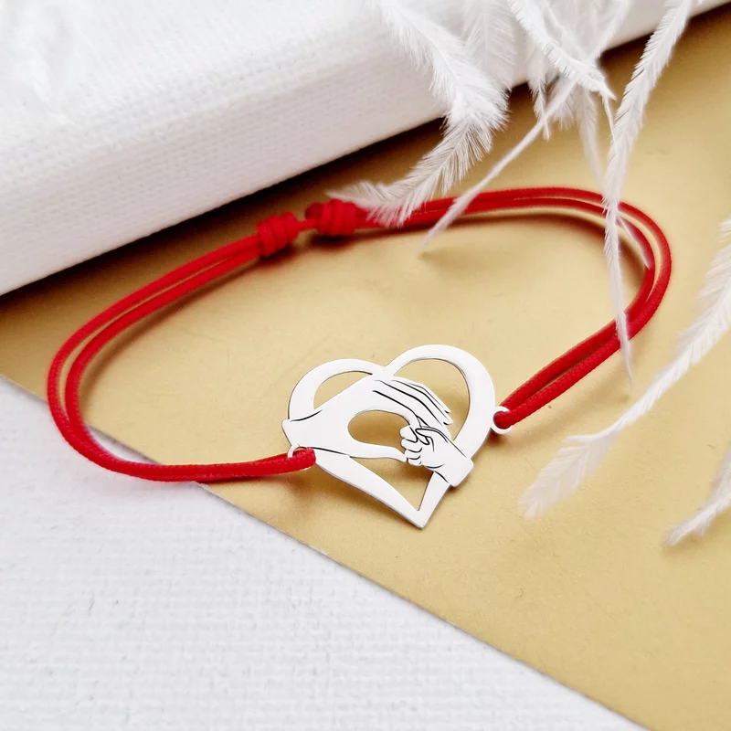 Szív karkötő - Anyavédelem - Ezüst 925, piros zsinór