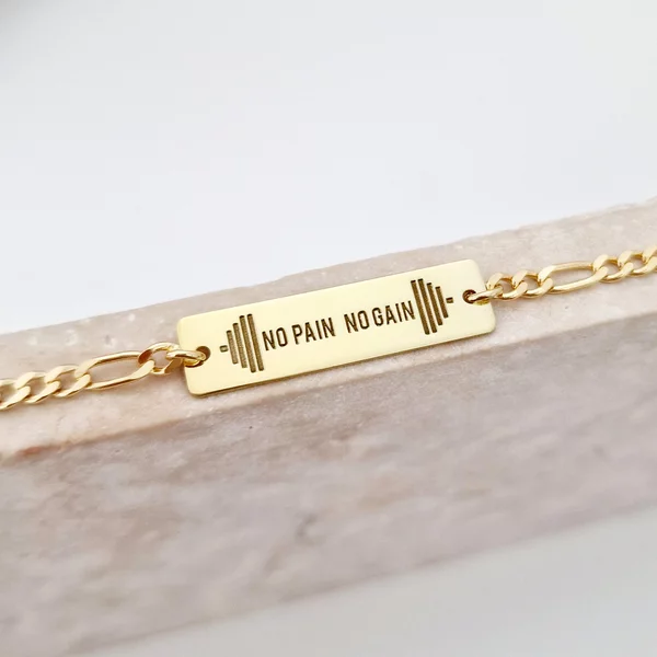 Személyre Szabható  Karkötő  –  No pain, no gain - 18K Sárga Aranyozott 925 Sterling Ezüst – Férfi Lánccal