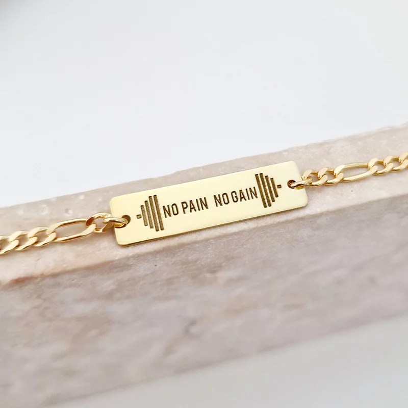 Személyre Szabható  Karkötő  –  No pain, no gain - 18K Sárga Aranyozott 925 Sterling Ezüst – Férfi Lánccal