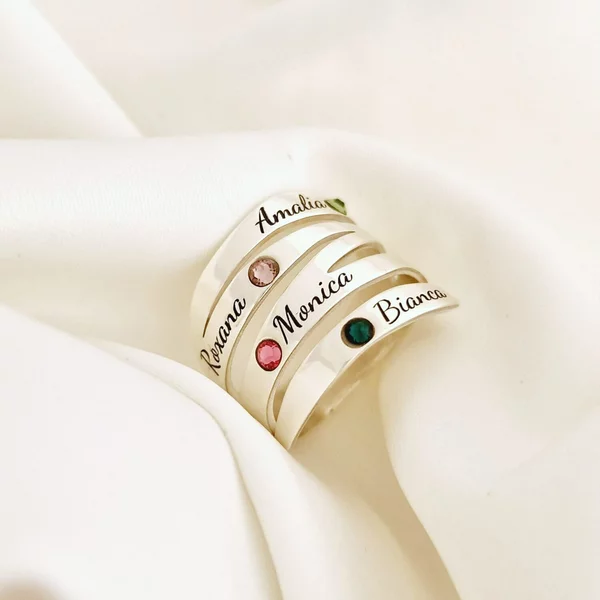 Személyre szabott Ezüst Gyűrű - A szerelem hullámai - 4 Név Swarovski kristáyokkal - 925-ös Ezüst