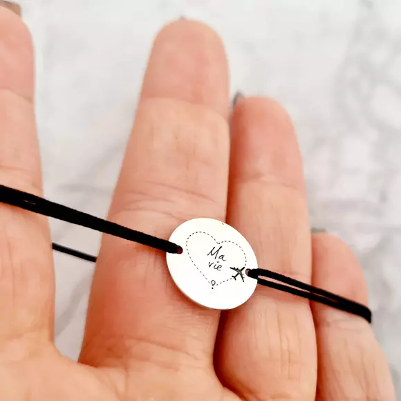 Személyre szabott karkötő - 15 mm-es érme - Utazási szimbólum - Ezüst 925 - állítható zsinór