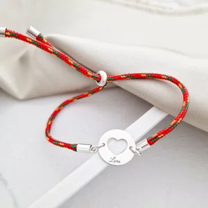 Személyre szabott karkötő - 15 mm érme kivágott szívvel - 925 ezüst - 2 mm-es paracord zsinór, színes és állítható