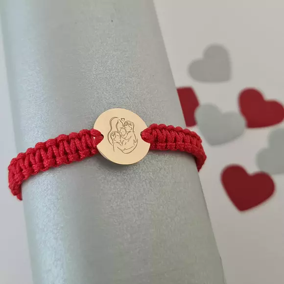 Személyre szabott karkötő - Anya és 3 gyerek/lány - 12 mm-es érme - 14K sárga arany - állítható fonott zsinór