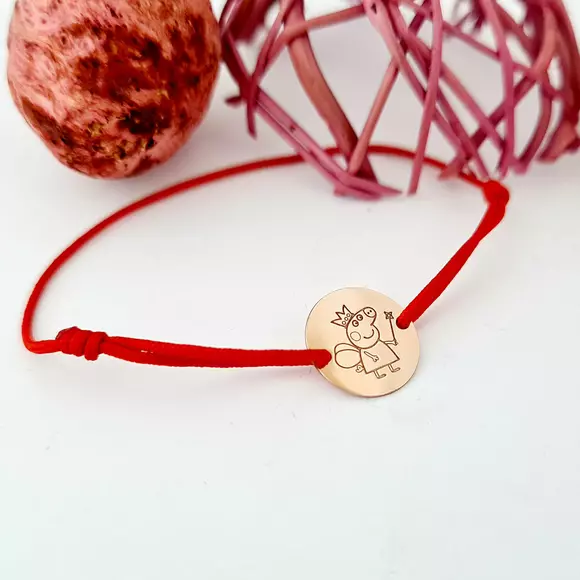 Személyre szabható karkötő - Peppa Pig motívummal - 12 mm-es érme - 14K rózsaarany kivitelben -  állítható zsinórral