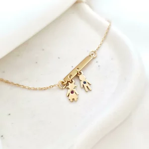 Személyre szabott karkötő - Az Élet Rezgései - Lemezke Kislány és Kisfiú Charm,  Rubinnal és Szafírral - 925-ös Ezüst 18K Sárga arany bevonattal
