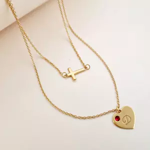 Ezüst Szív és Kereszt Kétsoros Nyaklánc Swarovski kristállyal és 18K sárga arany bevonattal