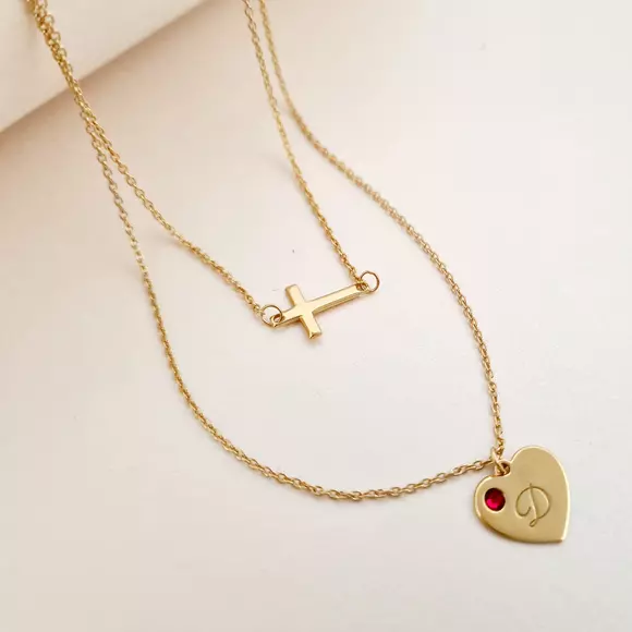 Ezüst Szív és Kereszt Kétsoros Nyaklánc Swarovski kristállyal és 18K sárga arany bevonattal