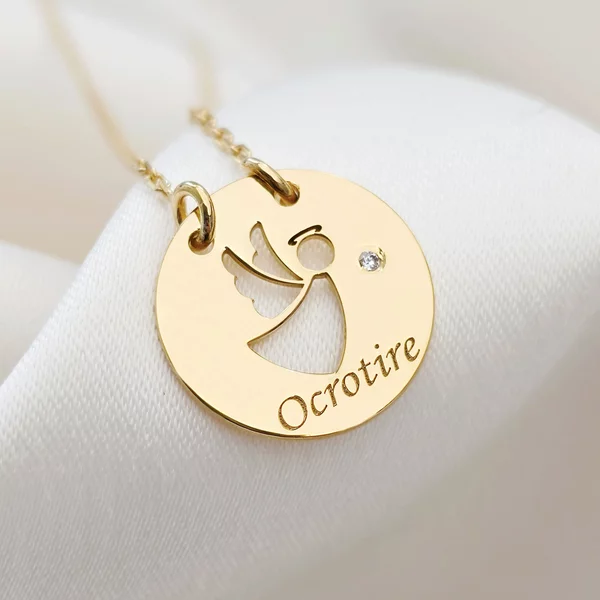 Ezüst Kivágott Angyal Érme Nyaklánc Gyémánttal és 18K sárga arany bevonattal