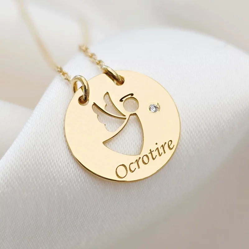 Ezüst Kivágott Angyal Érme Nyaklánc Gyémánttal és 18K sárga arany bevonattal