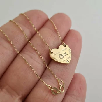 Személyre szabott lánc természetes gyémánttal - Szív 15 mm - Keresztelő - 14 K sárga arany