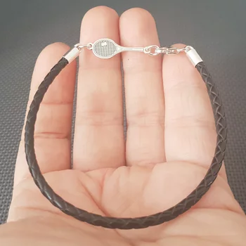 Teniszütő Karkötő - 925 Sterling Ezüst Érme - Fekete Fonott Bőr - Karabíner Kapocs