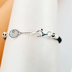 Teniszütő Karkötő - 925 Sterling Ezüst Érme - Fekete Fonott Bőr - Karabíner Kapocs