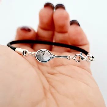 Teniszütő Karkötő - 925 Sterling Ezüst Érme - Fekete Fonott Bőr - Karabíner Kapocs
