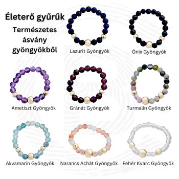TRIO ÉLETERŐ gyűrű szett - ásványgyöngyök és 18 K Sárga Aranyozott Ezüst golyók