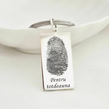 Ujjlenyomattal és üzenettel gravírozott kulcstartó lemez - Ezüst 925